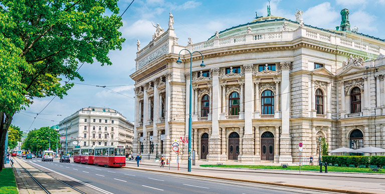 A tram driving by the Ringstrasse in Vienna, Austria